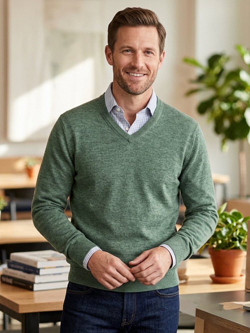 J. Crew Heather Green 100% Merino Wool V-Neck Sweater - Size M